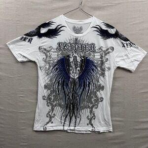 Xzavier Mens XL Graphic T-Shirt White Blue Winged Shield Cross MMA Gothic Y2K